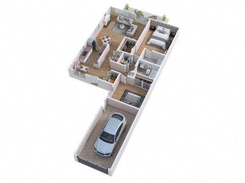the 3d floor plan of a house with a car